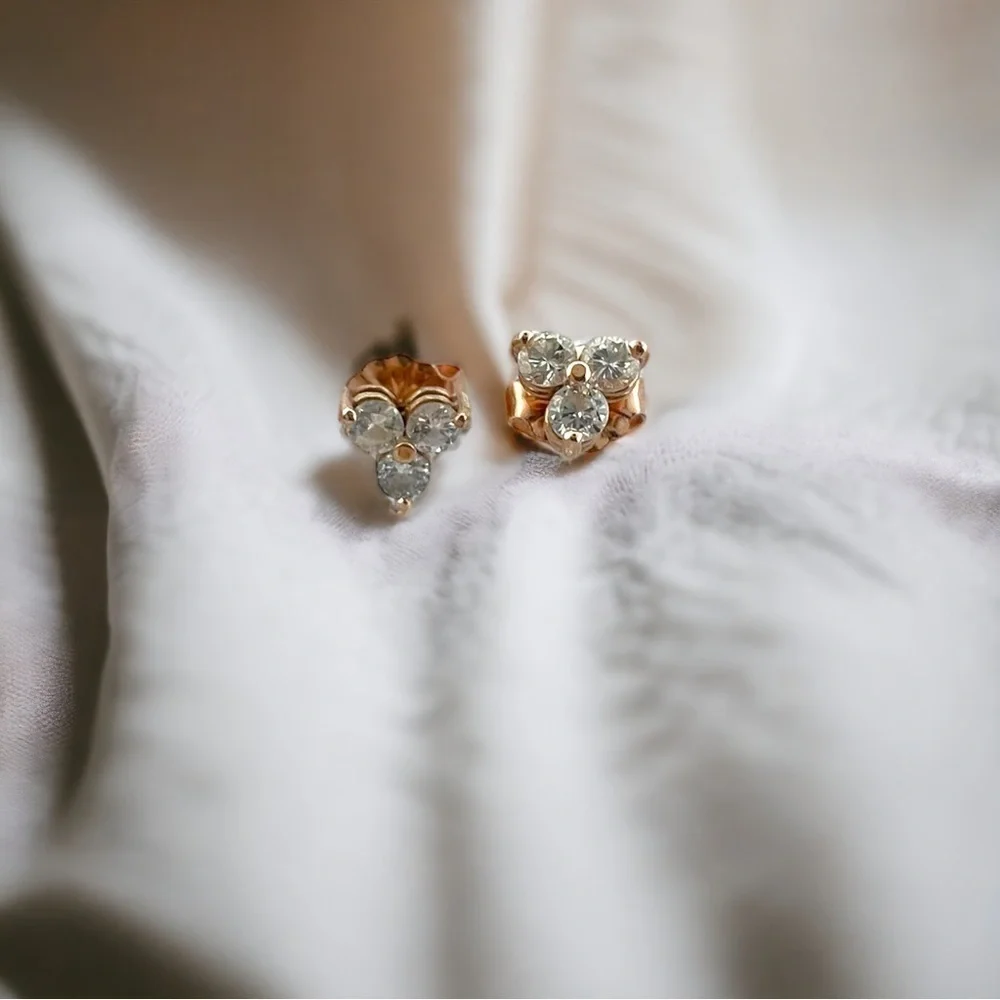 14K Rose Gold 1/3 CTW Natural Diamond Three-Stone Stud Earrings - Picture 2 of 9